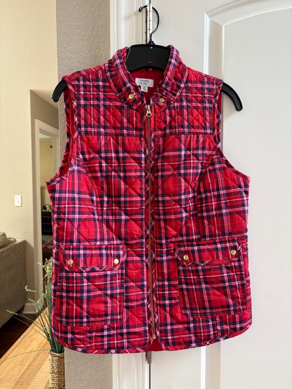 crown & ivy Red Plaid Quilted Vest
